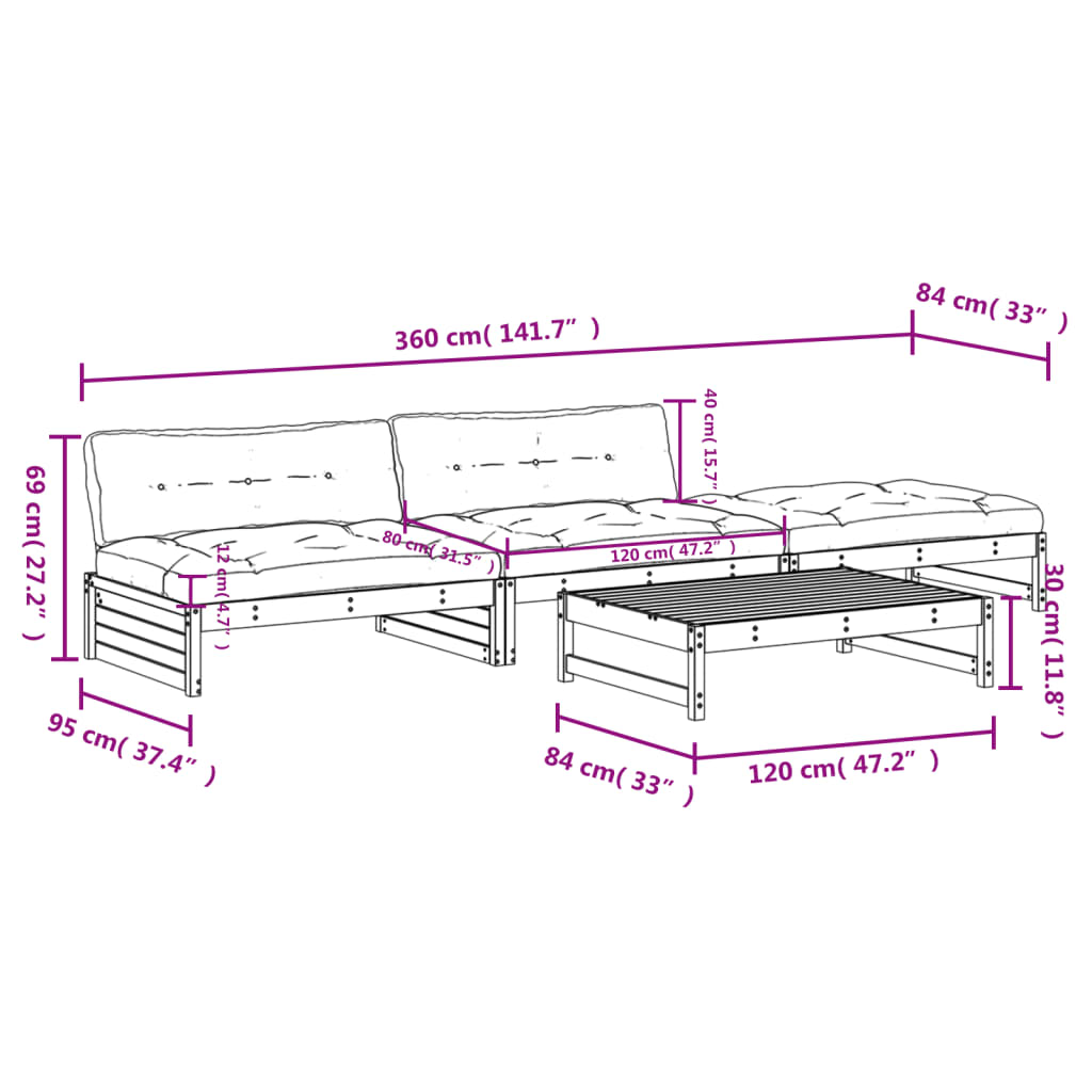 vidaXL 4-delige Loungeset met kussens massief hout wit