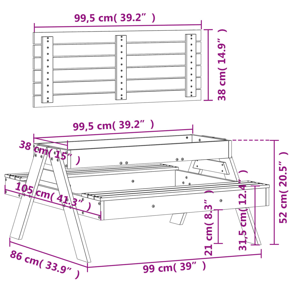 vidaXL Picknicktafel met zandbak voor kinderen massief grenenhout wit
