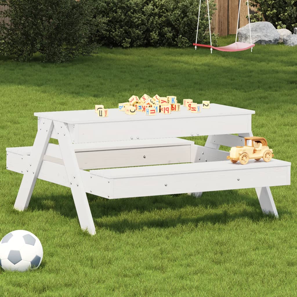 vidaXL Picknicktafel met zandbak voor kinderen massief grenenhout wit